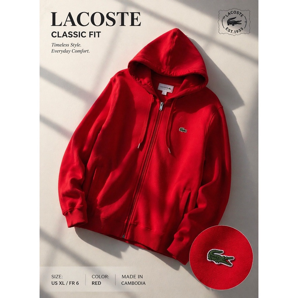 Lacoste Red Zip Men’s Hoodie Classic Size XL